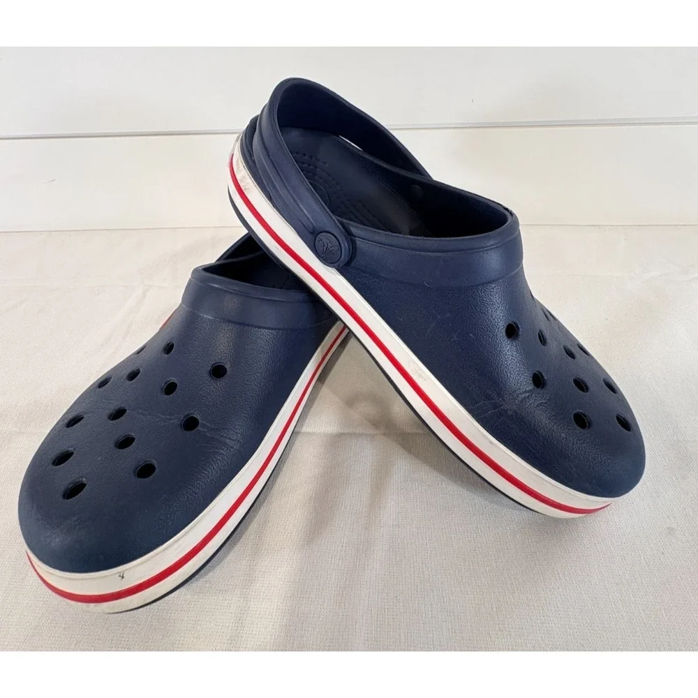 Crocs Crocband Navy Blue White Red Slip-On Clogs Adult Unisex Men's 5 Women's 7